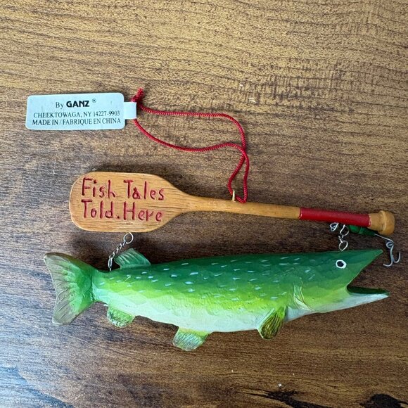 Vintage GANZ Fish & Oar Ornament With "Fish Tales Told Here" Paddle - Unique Nau - Picture 3 of 5